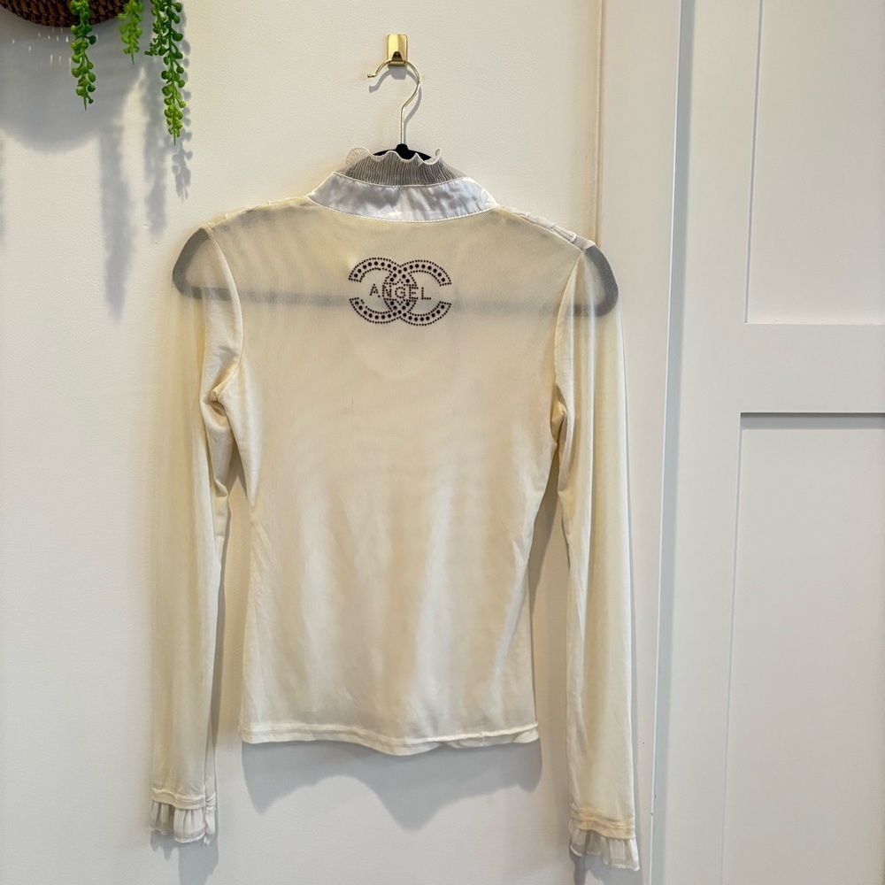 Euro Qian Wan Zi CC Angel Cream Micro Mesh Pearl Gems & Ruffle Long Sleeve L - Picture 6 of 13